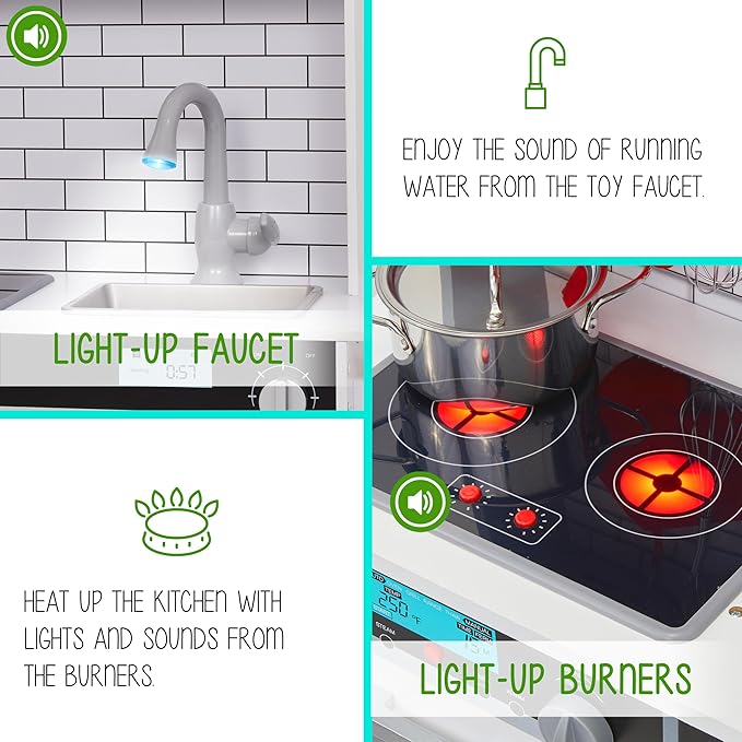 Lil' Jumbl Jumbl Kids Kitchen Set, Pretend Wooden Play Kitchen, Includes Range Hood, Microwave, Stove Top, Oven That Make Realistic Sound & Light, Pots, Pan, Cutting Board & Utensils Included,