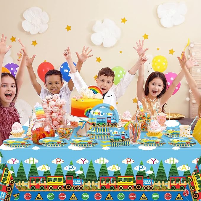 gisgfim Train Birthday Party Supplies Train Theme Party Tableware Includes Train Party Plates Napkins Fork and Train Theme Tablecloth for Birthday Parties Decorations Set Serve 20