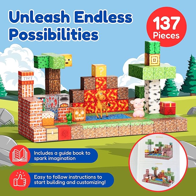 137PCS Magnetic Building Blocks Construction - STEM Magnetic Toys Sensory Set with Animal Figurines & Booklet - 1" Magnet Cube for Boys Girls, Game Based Magnetic Blocks for Kids 3-9