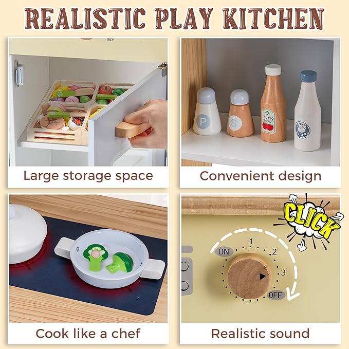 Kitchen Playset for Kids Ages 3-8, Wooden Pretend Play Kitchen with Cooking Accessories, Dimensions: 38” H x 31” W x 12” D