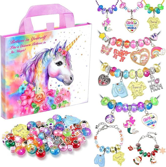 Girls Charm Bracelet Making Kit - Unicorn Jewelry Supplies Make Set DIY Art Craft Set Charm Bracelets Kits Creative Birthday Gifts for Kids Age 6 7 8 9 10 11 12 Year Old Girl Little Children Girl Toys