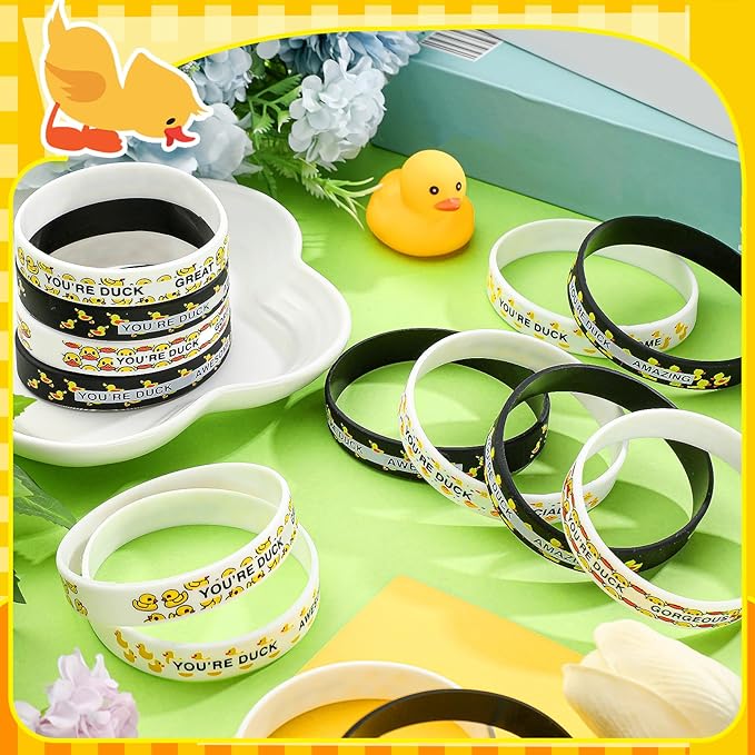 Poen 120 Pcs Yellow Duck Silicone Bracelets Bulk White and Black Duck Wristband Duck Party Favors Duck Rubber Wristband for Summer Christmas Birthday Duck Party decoration Supplies