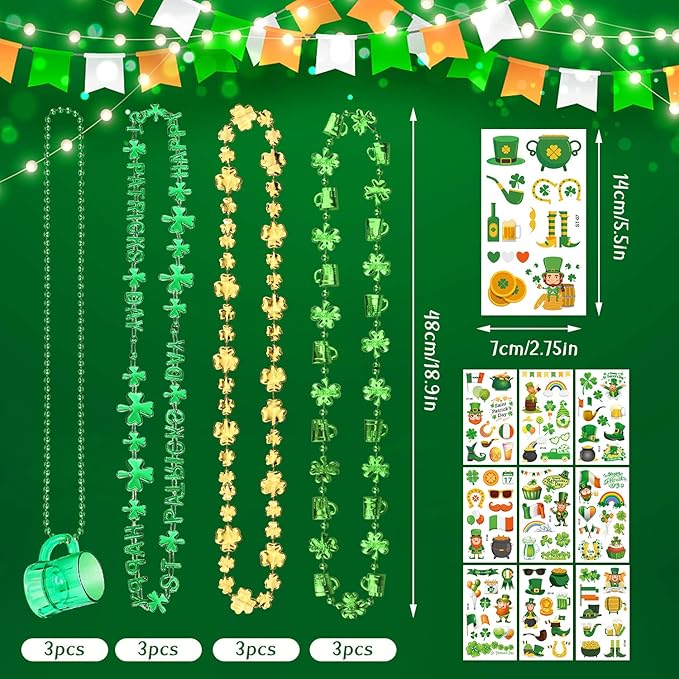 St.Patrick's Day Party Favor Set, Saint Patrick Day Accessories Including Beads Necklaces and Temporary Tattoo Stickers for Irish Day Party Supply