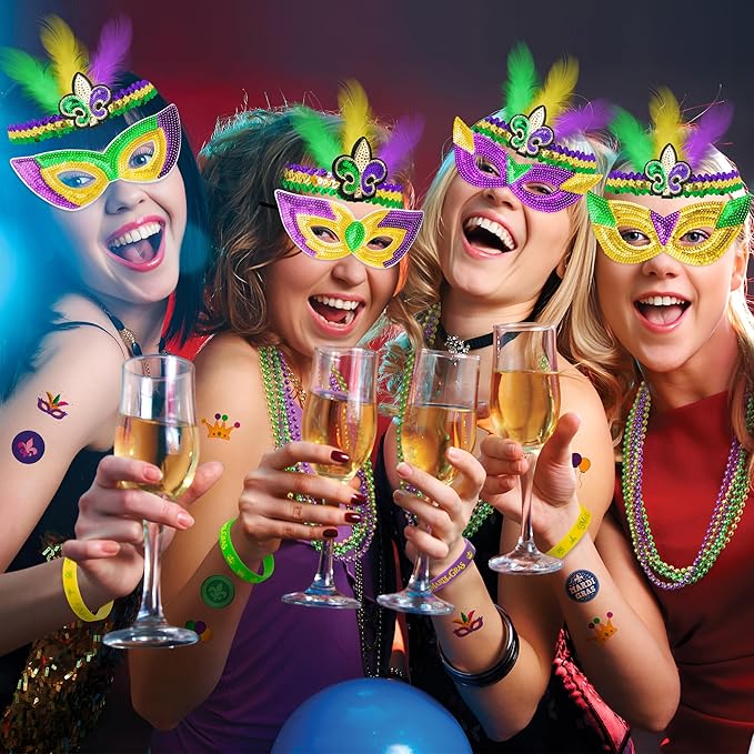 WATINC 186pcs Mardi Gras Party Favors Set, Mardi Gras Masks Headbands Coins Tattoo Stickers Silicone Bracelets Necklaces Beads Assorted for Masquerade Parade Carnival Costume Party Decorations
