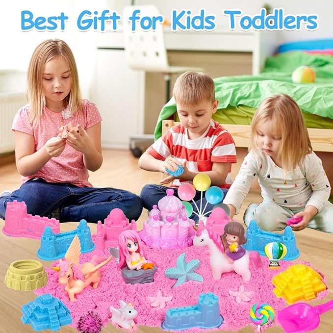 Unicorn Sensory Bin, 47Pcs Sandbox Play Sand Set Sensory Bins for Kids Toddlers Sensory Toys with Magic Sand, Unicorns, Castle Moulds, Mermaid, Tools, Sand Art Kit for Girls Ages 3 4 5 6 7 8 Gift