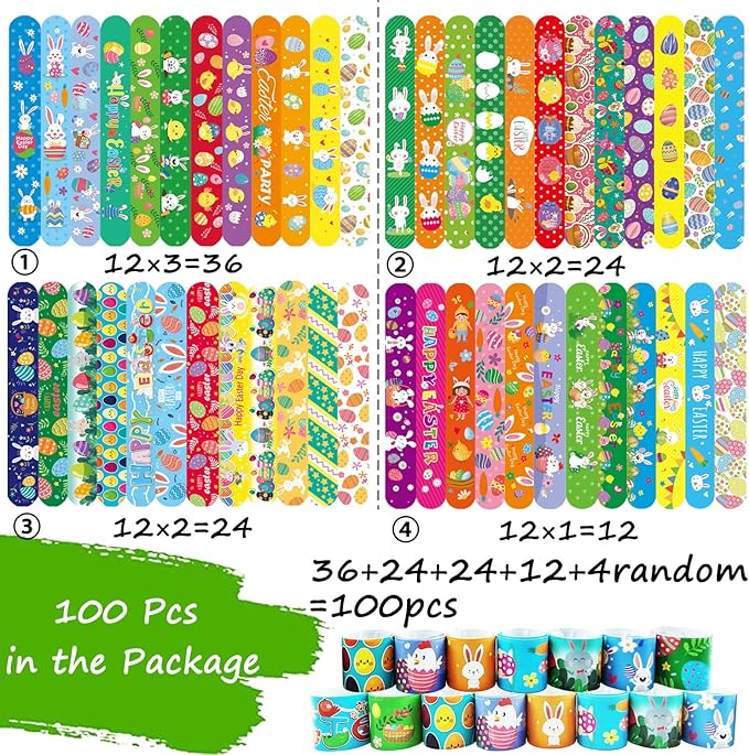 100Pcs Easter Slap Bracelets, Easter Basket Stuffers, Egg Fillers Gifts for Kids toddler boys, Easter Egg Hunt Event, Party Favors, Classroom Prizes, School Supplies