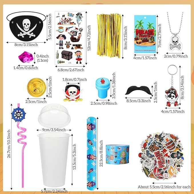 Spakon 283 Pcs Pirate Party Favors Supplies Halloween Party Include Pirate Pendants Bracelets Cup Straw Keychains Rings Eye Masks Mustache Tattoo Stickers Gold Coins Cards for Birthday Party