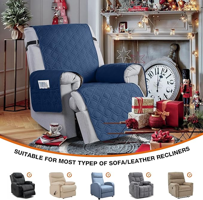 VANSOFY 100% Waterproof Recliner Chair Covers, Recliner Cover Non-Slip Dog Chair Cover Furniture Protector Washable Slipcover with Pocket, Elastic Straps for Pets, Dogs(Ocean Blue, 28")