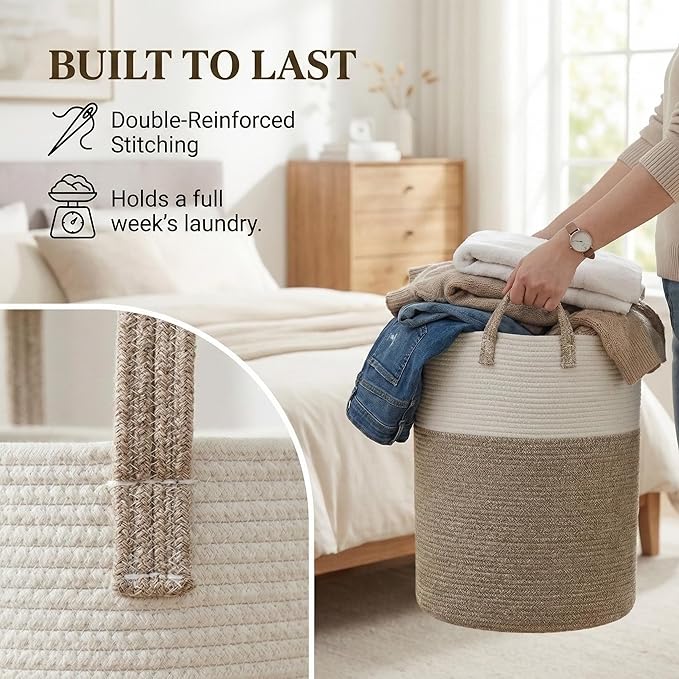 JMvicyroam Large Woven Laundry Basket Hamper,80L Cotton Rope Storage Bin for Blankets,Toys and Clothes,Decorative Tall Nursery Hamper for Living Room,Baby Nursery,Bathroom and Bedroom,Brown