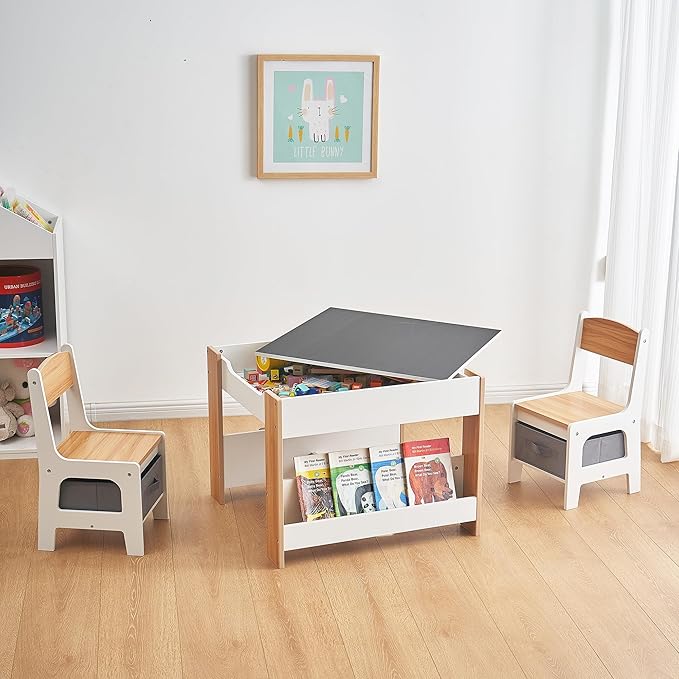 Asweets Kids Table and Chair Set, 4 in 1 Toddler Desk with Storage Drawer,Wooden Activity Table for 2 in 1 Detachable Tabletop,Bookshelf,Suitable for Classroom,Home,Nursery,Playroom (Natural White)