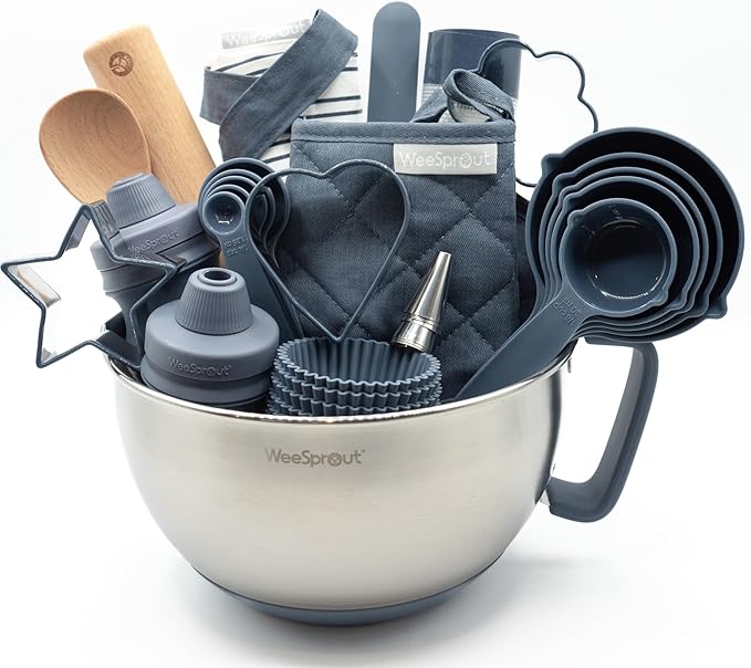 Ultimate Baking Kit for Kids - Kids Baking Set with Child Sized Utensils - Includes Apron, Oven Mitts, Silicone Mats & Liners - Perfect Cooking Set for Kids Ages 6-12 - Gift for Children - Navy Blue
