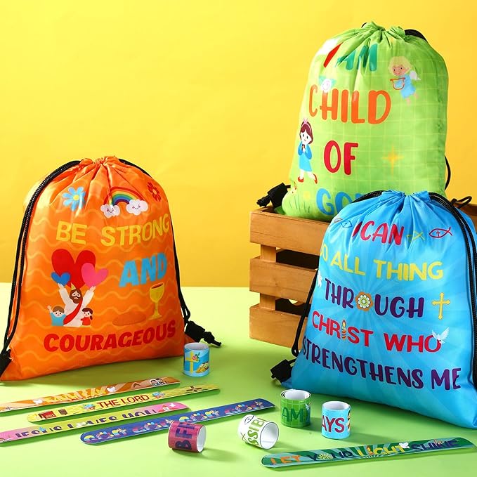 Frienda 10 Sets Christian Gift Bags Bulk Bible Verse Drawstring Bags with Jesus Slap Bracelets Religious Party Favors Gifts Jesus Loves You for Sunday School Classroom Prizes Party Supplies(Classic)