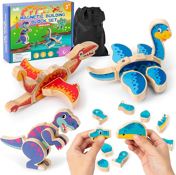 Dinosaur Snap Building Toys - Dinosaurs Snap Together Wooden Build Blocks Kits, Happy Little Animals Game, Educational Learning Wood Magnetic Take Apart Playset Toy, Birthday Gifts for Kids