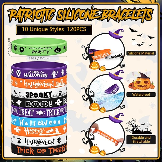 Wettarn 240 Pcs Halloween Party Favors Halloween Slap Bracelets for Kids Rubber Wristbands Bulk Silicone Bracelets Assorted Halloween Party Supplies for Boys Girls Prize Gifts Treat Filler (Halloween)