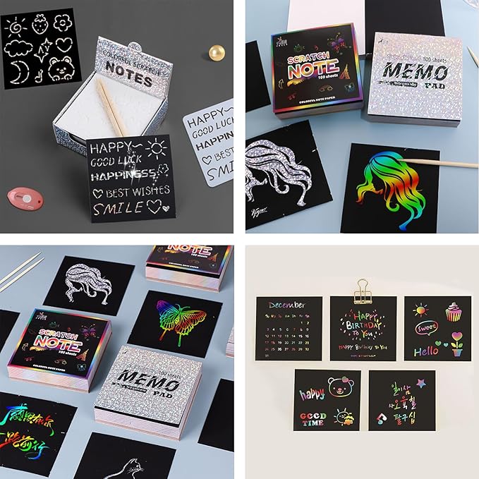Rainbow Holographic Scratch Art Paper Mini Notes - 3 Pack Set (300 Sheets 3.5x3.5 in) with 2 Templates, Magic Scratch Cards for Kids Toy Arts Crafts DIY Party Favor Supplies for Boys Girls Christmas
