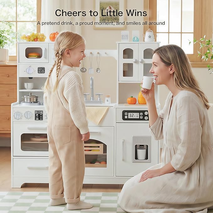 Wooden Play Kitchen for Toddlers and Kids with Lights & Sounds, Large Interactive Pretend Play Set with Ice Maker, Stove, Sink, Oven, 12 Accessories - Ages 3-8