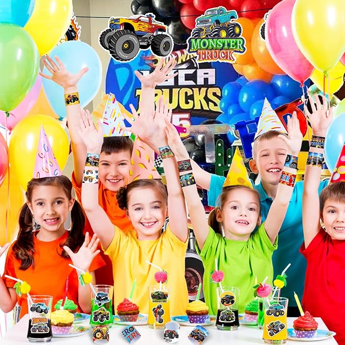 Monster Truck Party Favors, 24 Pcs Monster Truck Slap Bracelets 50 Pcs Monster Truck Stickers Monster Truck Birthday Party Decorations Supplies Gifts for Kids Boys Classroom Rewards