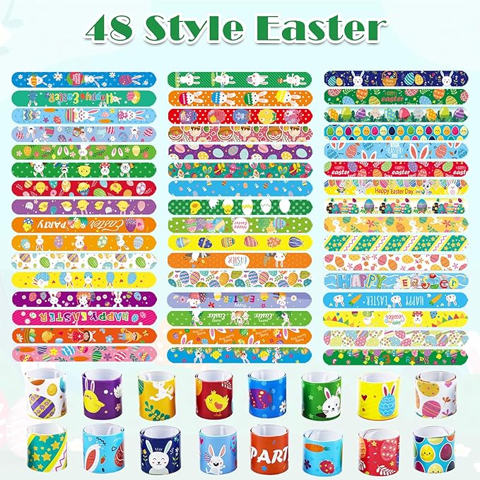 100Pcs Easter Slap Bracelets, Easter Basket Stuffers Party Favors Snap Wristbands for Kids Egg Fillers Gifts Exchange Gifts, Egg Hunt Event, Classroom Prizes, School Supplies