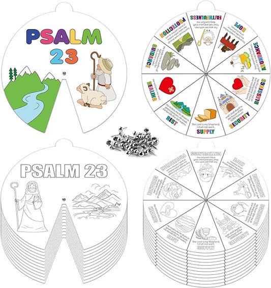 COcnny Psalm 23 Christian Coloring Craft - 24 Sets Color Your Own Religious Bible Wheel Cards for Kids, Baptism Verse Art Coloring Paper Game DIY Jesus Biblical Activities for Sunday School Class Home