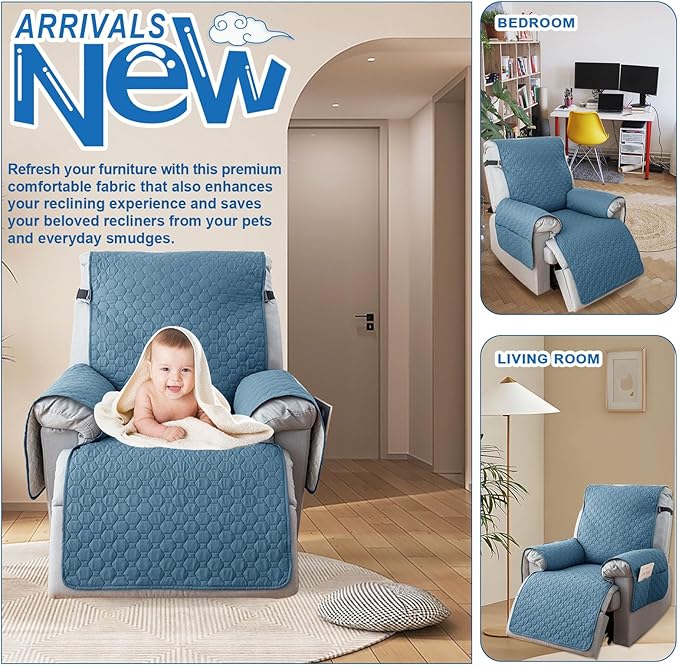 100% Waterproof Recliner Chair Covers, Anti-Slip Recliner Cover, Washable Recliner Slipcover with Pocket, Elastic Straps for Pets, Dogs, Gray Blue