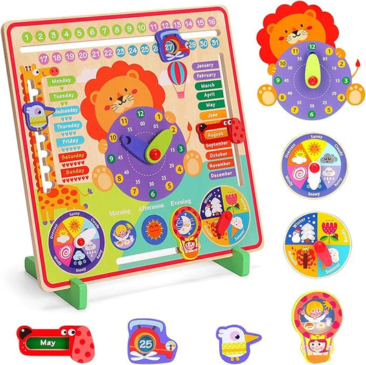 Montessori Toys for 4 Year Old,Wooden Calendar and Teaching Clock for Kids Learning Clock for Telling Time, Date, Days of The Months, Seasons and Weather-Educational Toys for Boys and Girls(7 in 1)