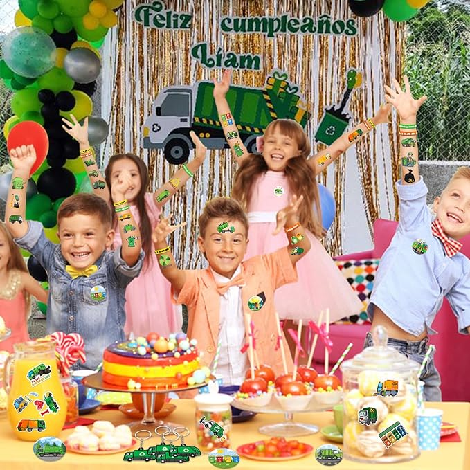 110 PCS Garbage Truck Party Favors, Garbage Trash Truck Tattoos Silicone Bracelets Keychains Stickers Badges for Garbage Truck Birthday Party Decorations Supplies Gifts for Kids Classroom Rewards