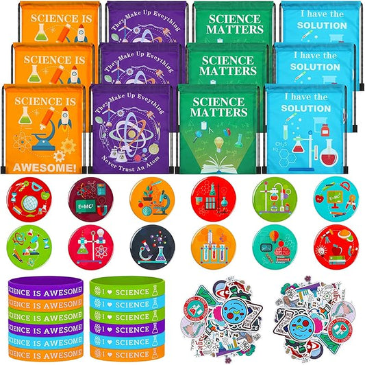 Sureio 86 Pcs Scientific Party Favors Include Scientific Party Drawstring Bags Silicone Bracelets Scientific Stickers Kawaii Pins for Scientific Birthday Party Decorations Prizes