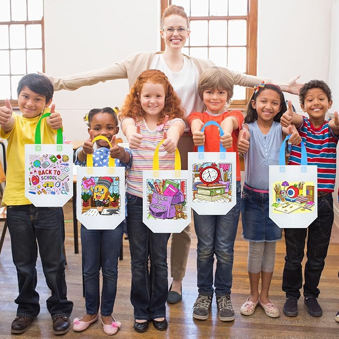 Kacctyen 45 Pcs Back to School Coloring Goodie Bags Reusable Back to School Art Party Favor Paint Bags for Kids Farmhouse Theme Barnyard Birthday Bags Color Your Own Bag Graffiti Goodie Bags, 9 Styles