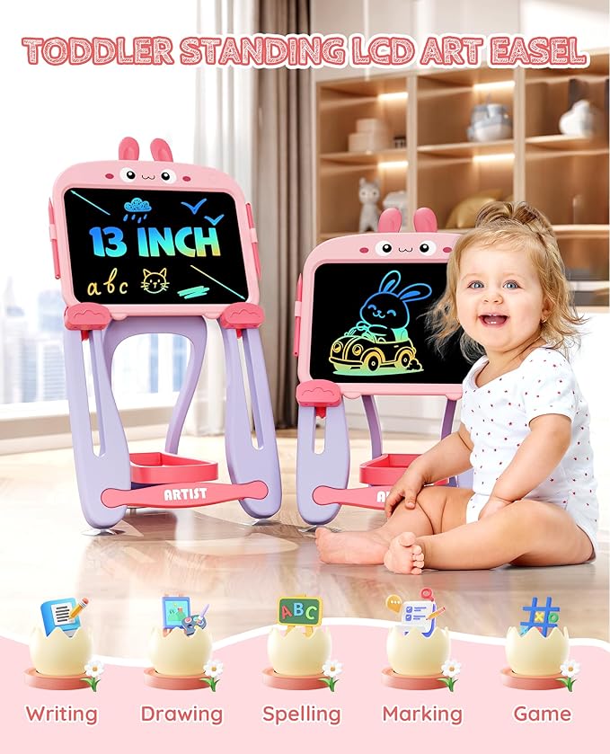 TEKFUN LCD Writing Tablet Doodle Board, 13 Inch Pink Adjustable Standing Art Easel for Toddler, Rabbit Erasable Drawing Board for Kids, Educational Toys Birthday Gift for 1-6 Year Old Girls