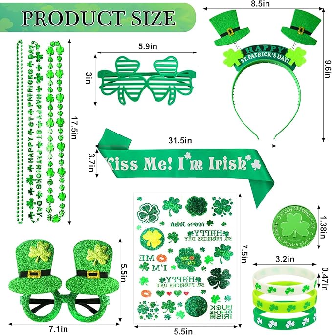 St Patricks Day Accessories Party Favors Set,Including 20 Shamrock Good Luck Coins 6 Necklace 6 Bracelets 2 Headband 2 Eyeglasses 2 Sash 40 Tattoo Sticker for St. Patrick Party Supplies Decorations