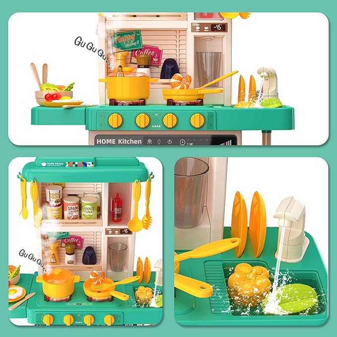 Kids Kitchen Play Set,Interactive Kids Kitchen Play Set with 50Pcs of Pretend Kitchen Toys,Realistic Sound Effects,and Simulated Functionality - Suitable for Toddlers Aged 2-12 Years (Green)