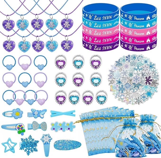 110Pcs Snowflake Birthday Party Favors Supplies kids Girl Winter Party Decorations Set Include Stickers, Hair clips, Necklaces, Rings, Hair Ties, Hair clips, Bracelets
