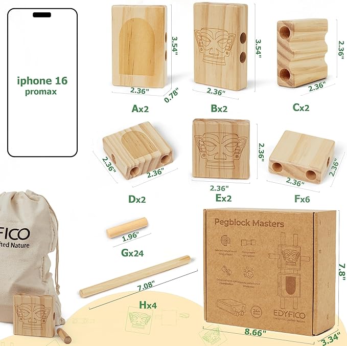 Stacking Blocks for Toddlers 1-3, Natural Wooden Blocks, 44 Pcs Stacking Building Block Toy Set, Early Learning Toys & Gifts for Kids, Montessori Toys with Canvas Storage Bag, Boys & Girls 12+ Months