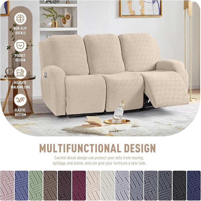 KinCam Recliner Covers, Stretch Reclining Chair Covers, Recliner Sofa Slipcovers Stripe Jacquard Recliner Couch Covers Furniture Protector Covers for Pet Kid (3 Seater, Vanilla)