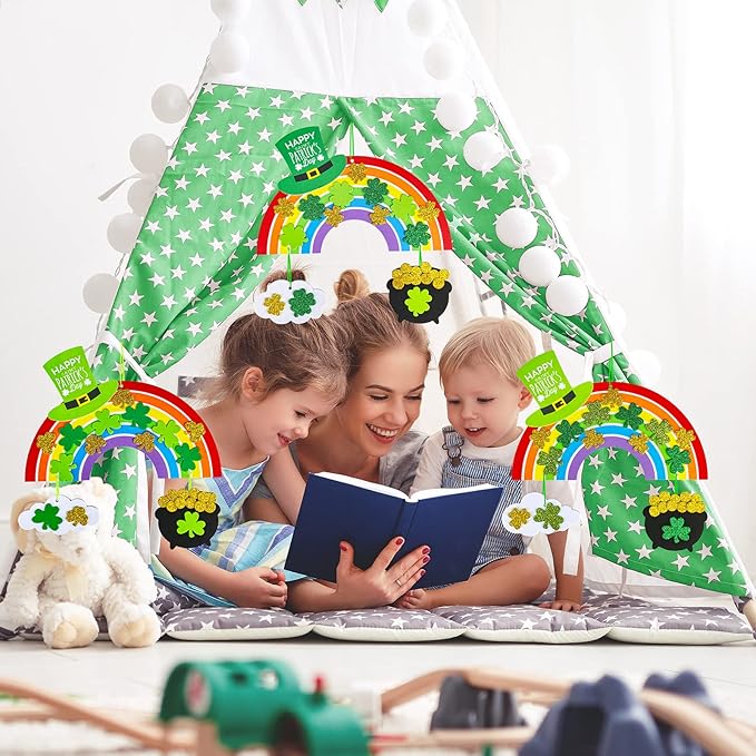 Winlyn 12 Sets St. Patrick's Day Decorations Rainbow Ornaments DIY St. Pat's Craft Kits Rainbow Four-Leaf Clover Irish Lucky Shamrock Foam Stickers for Kids Party Classroom Home Activity Art Project