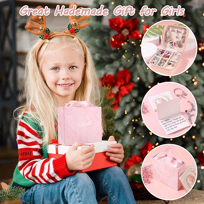 UFU Charm Bracelet Making Kit - Girls 95 Pcs DIY Beaded Jewelry Making Kit, Unicorn & Mermaid Gifts for Girls Crafts for Girls Ages 5 6 7 8-12, with a Portable Bracelet Organizer Box