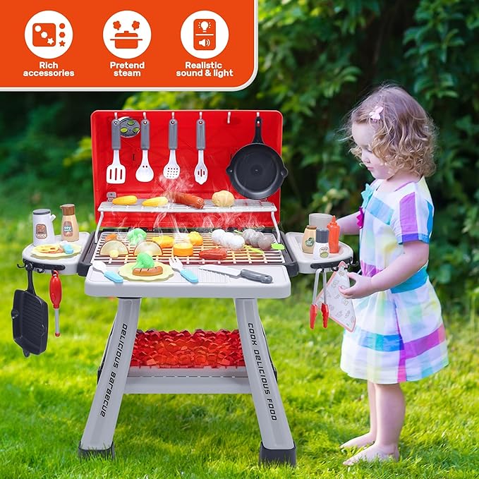 CUTE STONE Kids BBQ Grill Playset, Kitchen Toy Set, Realistic Smoke, Sound & Light,Kitchen Grill Playset,Toy Kitchen Accessories, Indoor Outdoor Interactive Pretend Play Toys for Boys Girls, 23.6" H