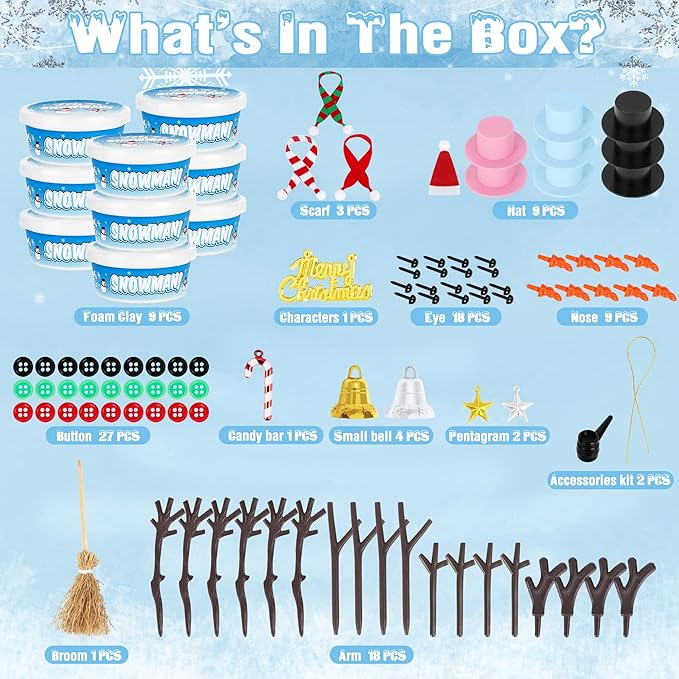9 Pack Snowman Kit, Christmas Crafts DIY Snowman Kit, Build a Snowman Winter Christmas Activities Set Indoor, Snowman Creative Air Dry Modeling Clay Crafts Kit for Family School Party Favor Supplies