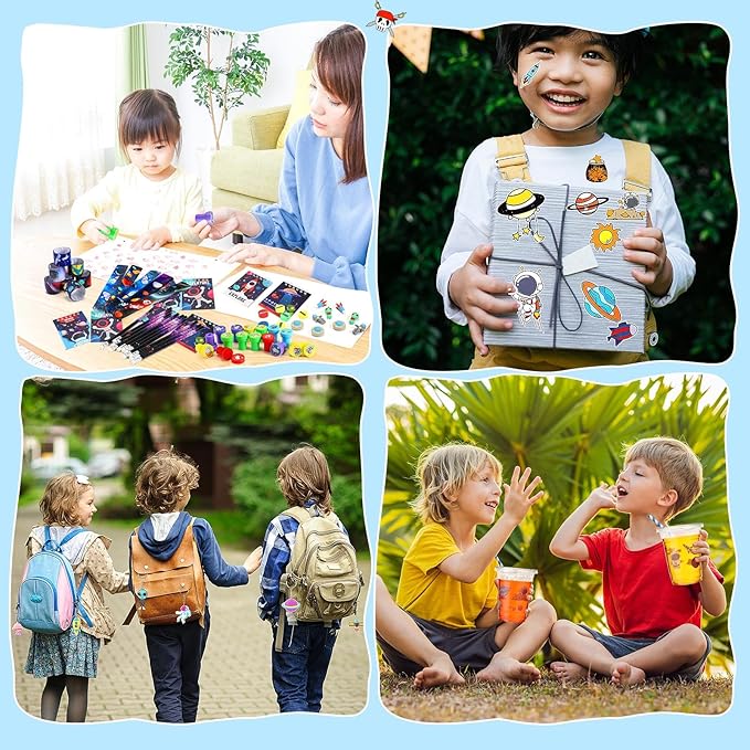 Colarr 161 Pcs Space Party Favor Space School Stationery Set Includes Gift Cup Notebook Pencil Sharpener Eraser Keychain Stamp Slap Bracelet Sticker Card for Space Birthday Supplies