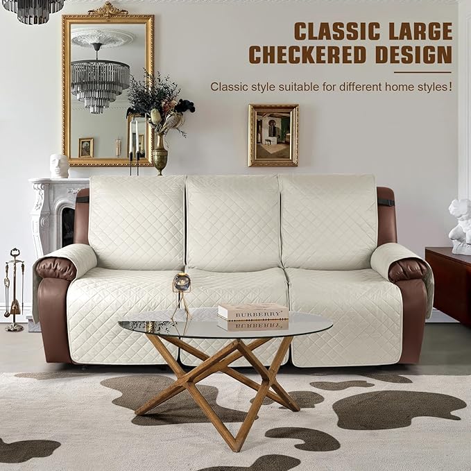 KinCam Waterproof Recliner Sofa Cover, Non-Slip Reclining Couch Covers for 3 Seat, Recliner Couch Cover Furniture Protector with Elastic Straps for Pets, Kids, Ivory