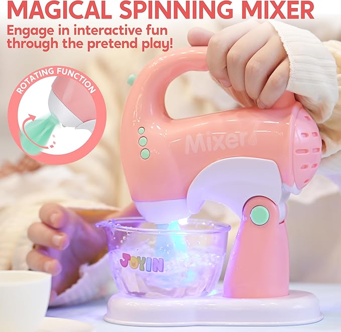Joyin Play Kitchen Toys, Pretend Play Kitchen Appliances Toy Set with Coffee Maker, Mixer, Toaster with Realistic Lights& Sounds, Birthday Gift for Kids Ages 3+, Pink