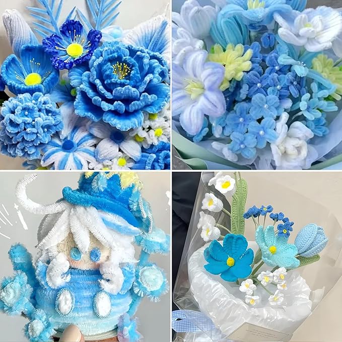 500 Pcs Pipe Cleaners Craft,5 Colors Pipe Cleaners Bulk,Chenille Stems Flowers Craft kit for DIY Handmade Bouquet Wrapping Party Decorations whit Ribbons,Stems,Tape,Stamens, Glue Sticks (Blue)