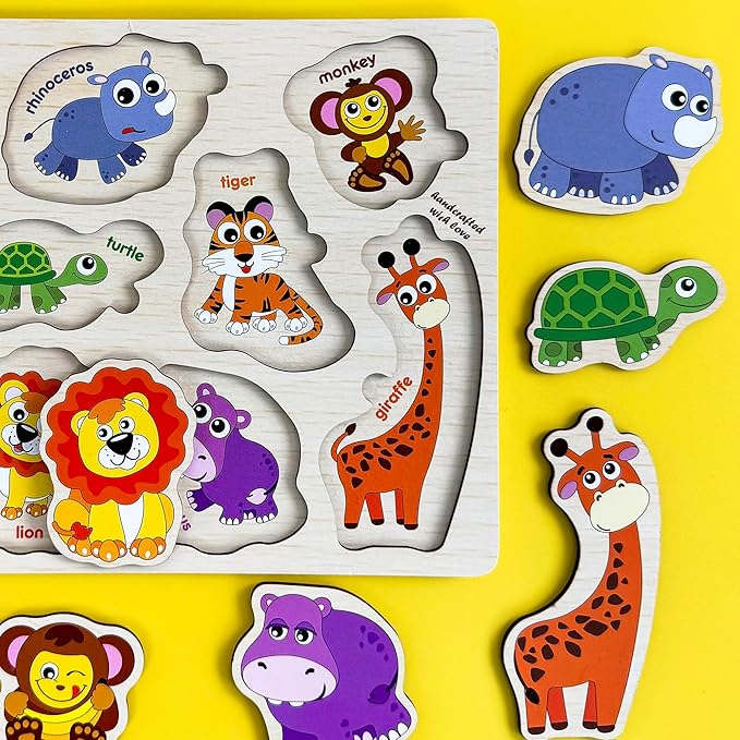 QUOKKA Wooden Puzzles for Toddlers 1-2 – 4 Set Pegged Puzzles for Kids Ages 1-2 – Animal Safari Learning Toy for Kids – Gift Realistic Educational Game for Boy and Girl