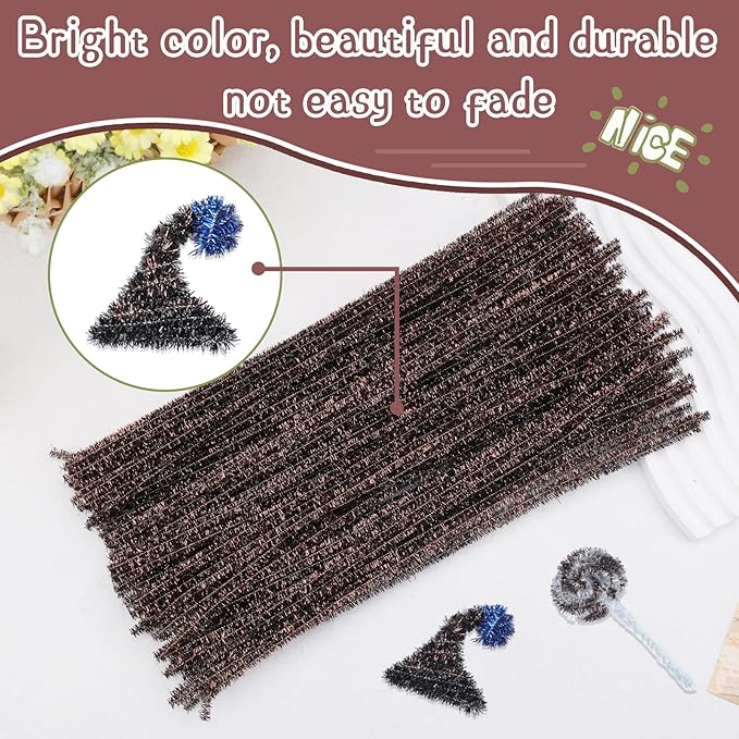 Hssugi Pipe Cleaners, 100PCS Christmas Pipe Cleaners Craft Supplies, Glitter Brown Pipe Cleaners Bulk Fuzzy Sticks for DIY Art and Craft Projects Home Decoration