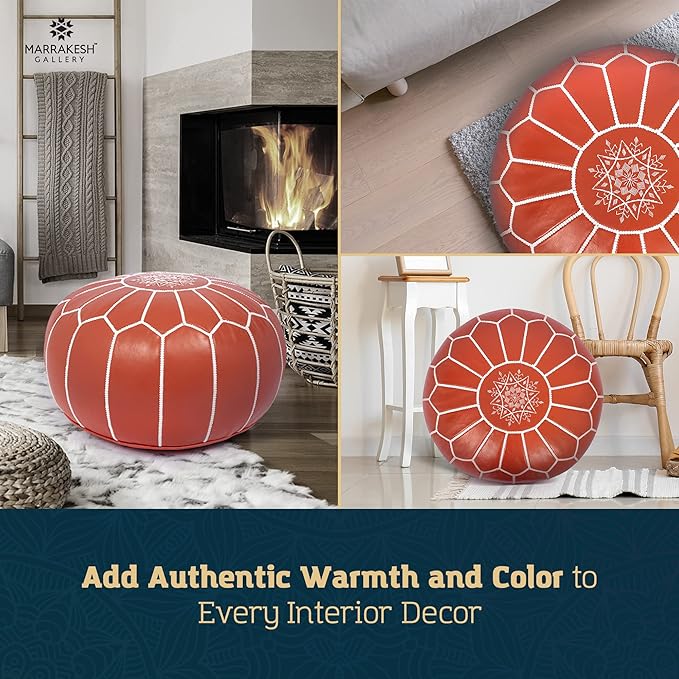 Marrakesh Gallery Genuine Leather Round Pouf Unstuffed - Moroccan Ottoman Footstool, Footrest Cover - Boho Decor - Bohemian Living Room, Bedroom, Kids Room, Gift & Wedding