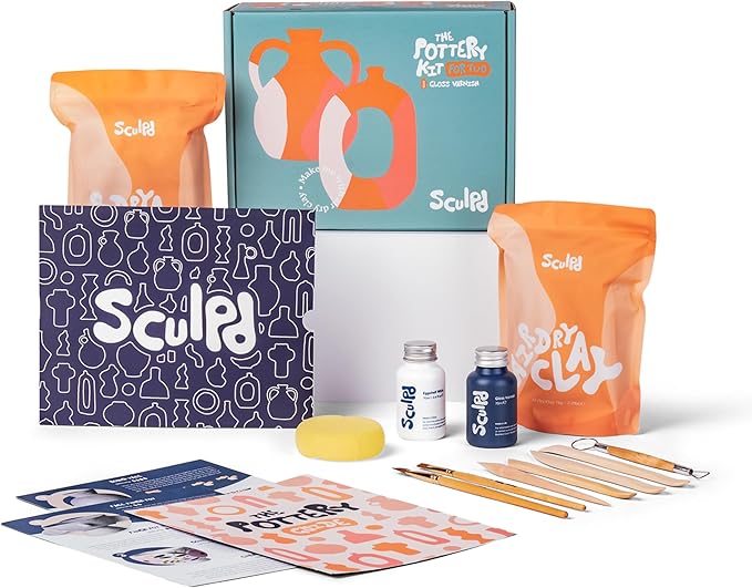 Sculpd Pottery Starter Kit - Complete Air Dry Clay Beginner Set for 2 Adults: Includes Sculpting Tools, Gloss Varnish, Paint Brushes, Guide, Video Tutorials & More - Date Night Gift, Arts Crafts Hobby