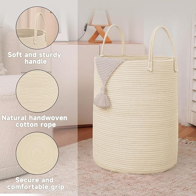 JMvicyroam Large Woven Laundry Basket Hamper,60L Cotton Rope Storage Bin for Blankets,Toys and Clothes,Decorative Tall Nursery Hamper for Living Room,Baby Nursery,Bathroom and Bedroom,Beige