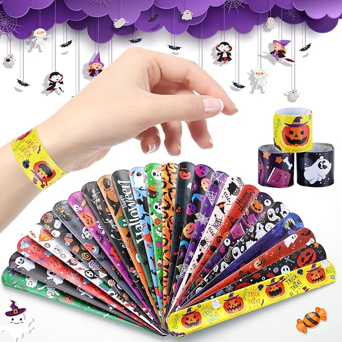 xutengy 48Pcs Halloween Party Favors Decorations Slap Bracelets Rubber Wristbands, Trick or Treat Party Favors, Classroom Prizes, Halloween Party Gift Treat Bag Filler Supply
