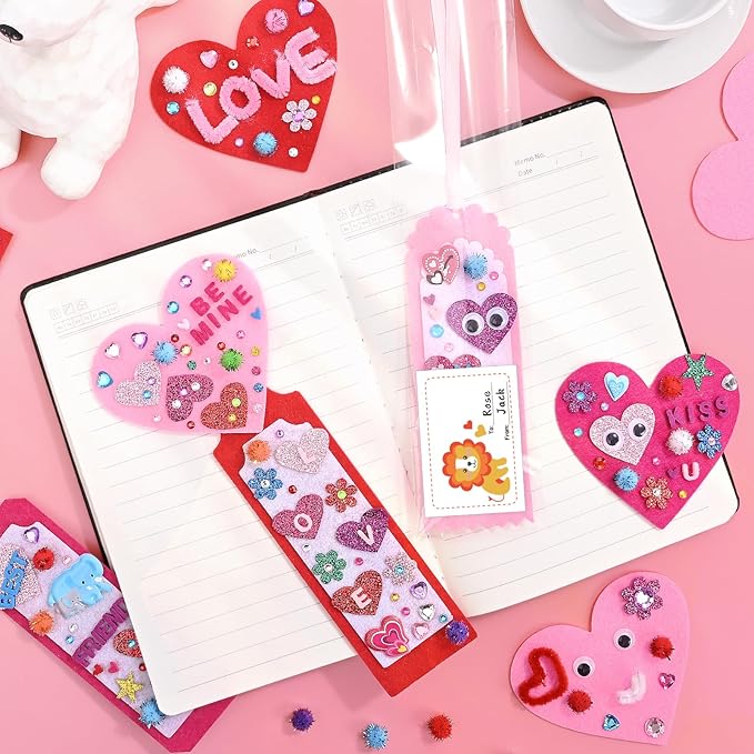36 Sets Valentines Day Crafts for Kids, DIY Felt Valentine Bookmarks Kits with Googly Eyes Pom-poms Hearts Stickers, Valentines Craft Supplies for Kids Classroom Activity Party Favor Gift Exchange