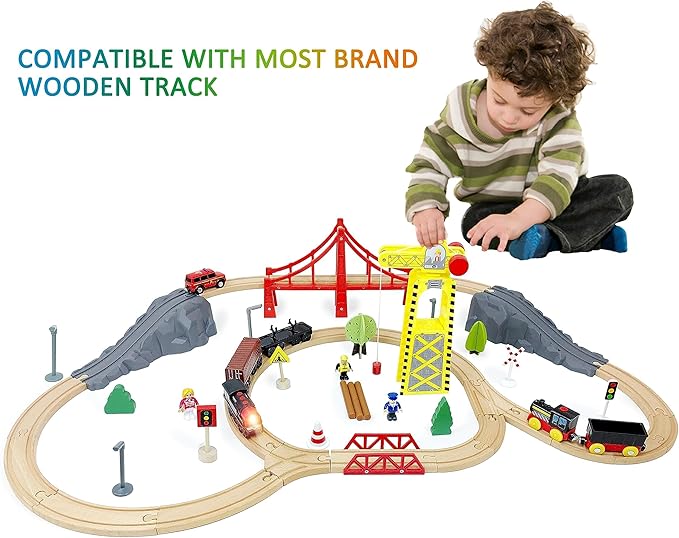 Motorized Train for Wooden Track, 3Pcs Train Toy Set for 3 4 5+Years Old Boy Girl Toddlers, Battery Powered Train Compatible with Thomas & Friends, Brio and Chuggington